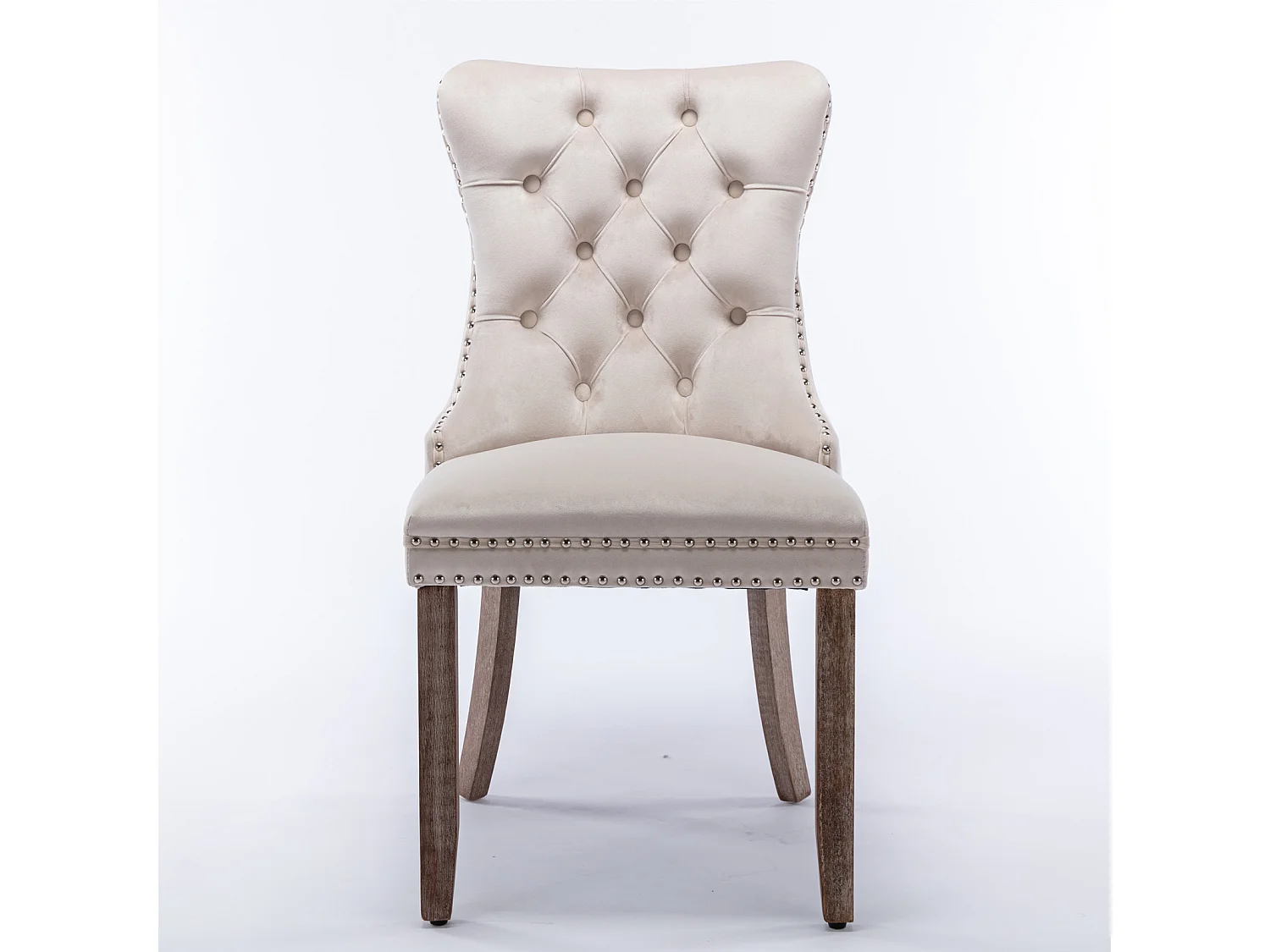 Chaise de salle à manger moderne avec accoudoirs, en velours, piétement en bois massif, avec clous décoratifs, beige (65x50x95 cm)
