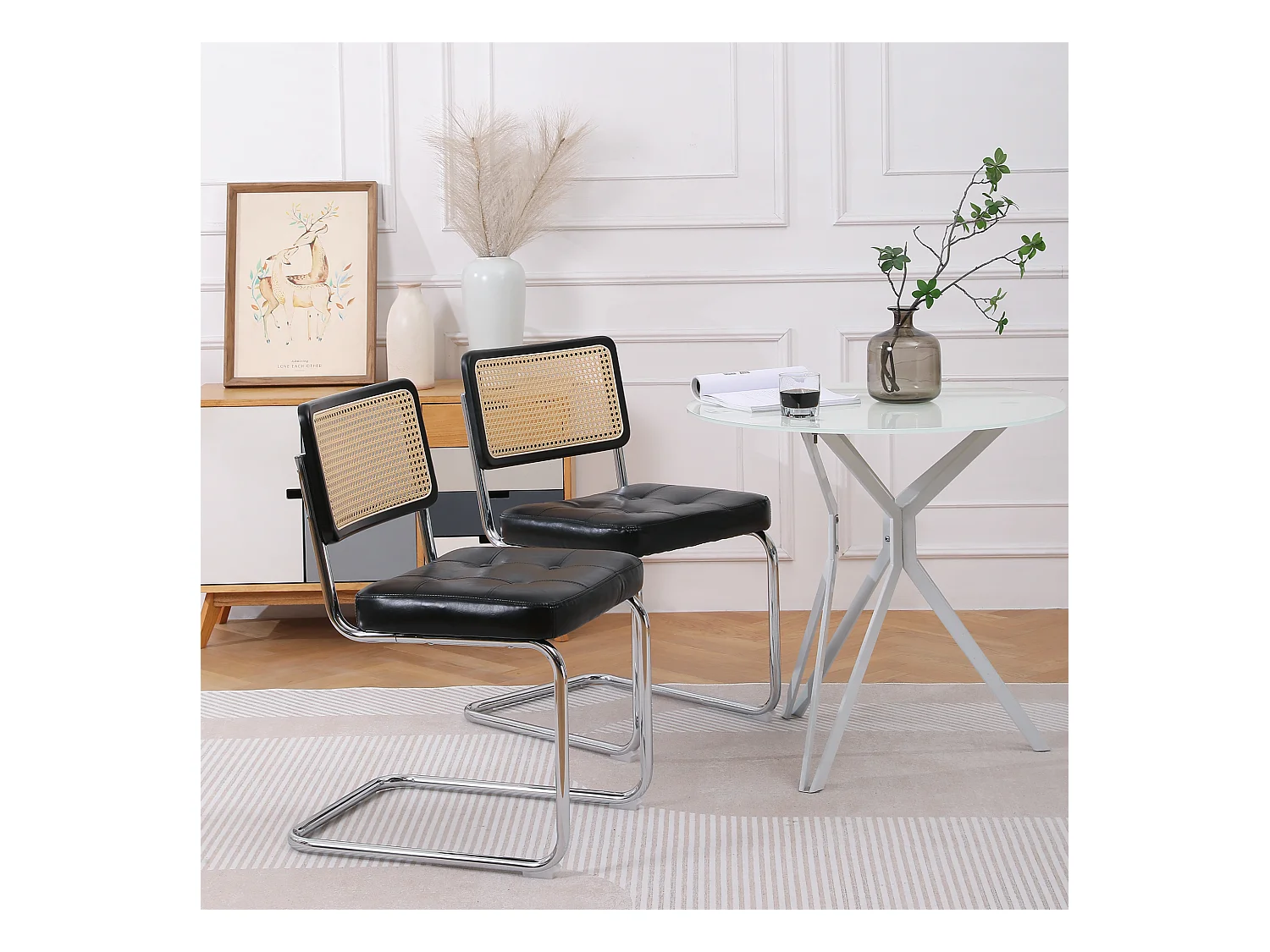 Lot de 2 chaises modernes en rotin pour salle à manger, dossier en forme de pétale, pieds métalliques dorés (50x61x85 cm)