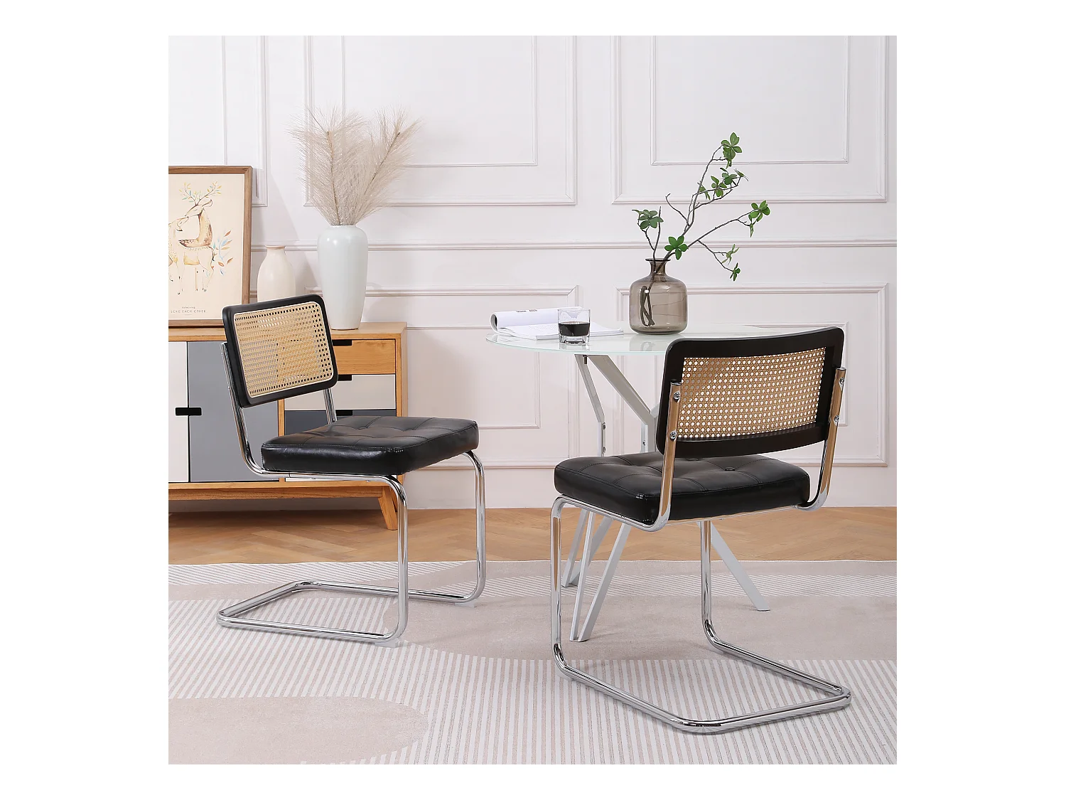 Lot de 2 chaises modernes en rotin pour salle à manger, dossier en forme de pétale, pieds métalliques dorés (50x61x85 cm)