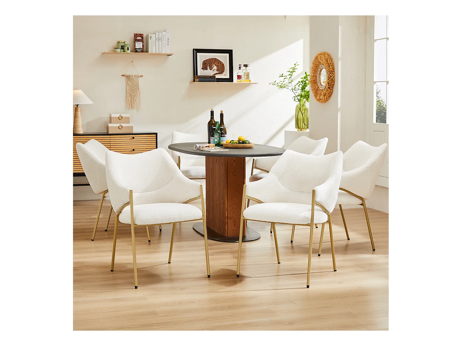 Lot de 6 chaises de salle à manger, fauteuil lounge avec accoudoirs, tissu en sherpa beige, coussin épais, pieds en métal (52.5x48x83.7 cm)