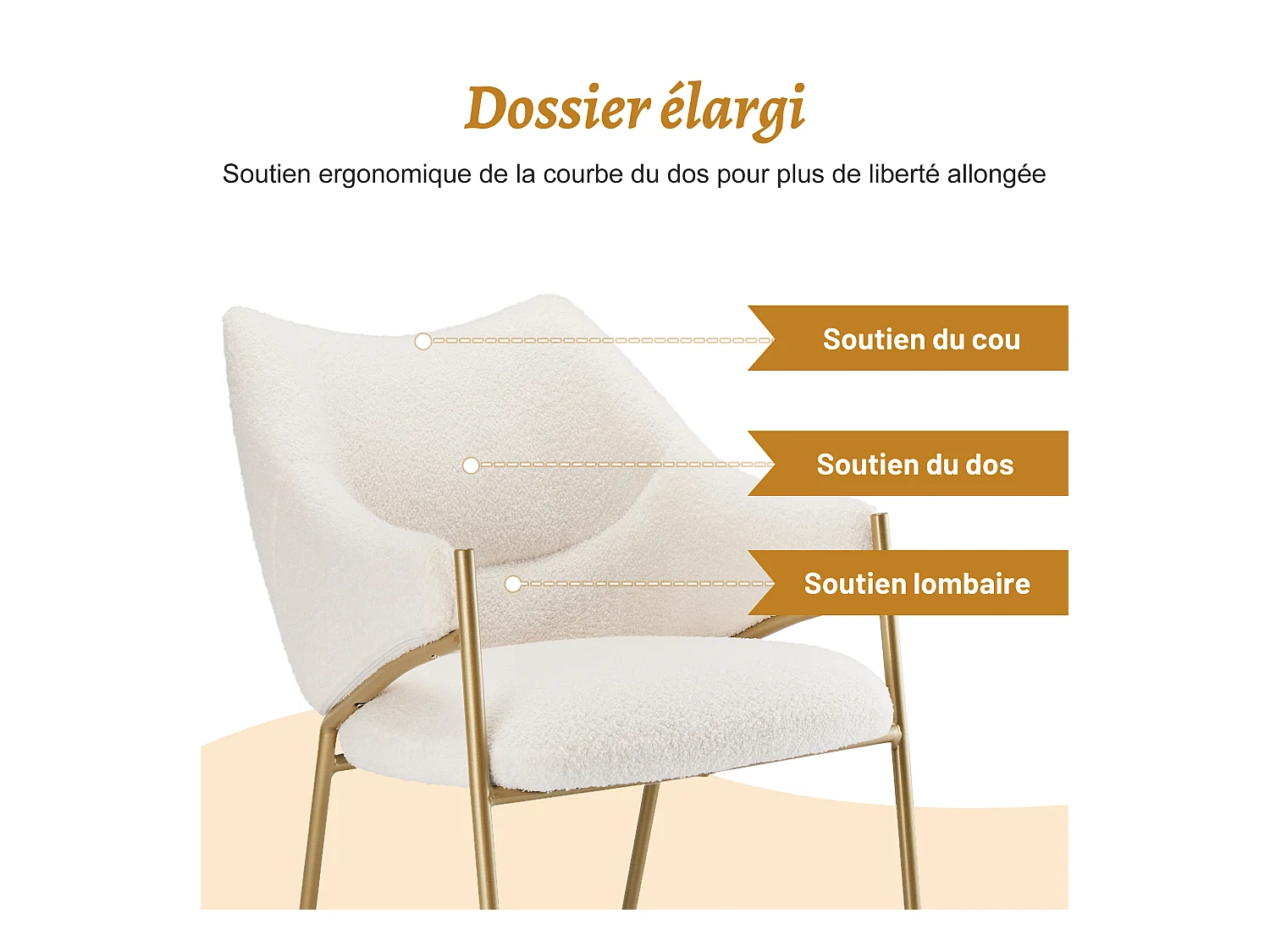 Lot de 6 chaises de salle à manger, fauteuil lounge avec accoudoirs, tissu en sherpa beige, coussin épais, pieds en métal (52.5x48x83.7 cm)
