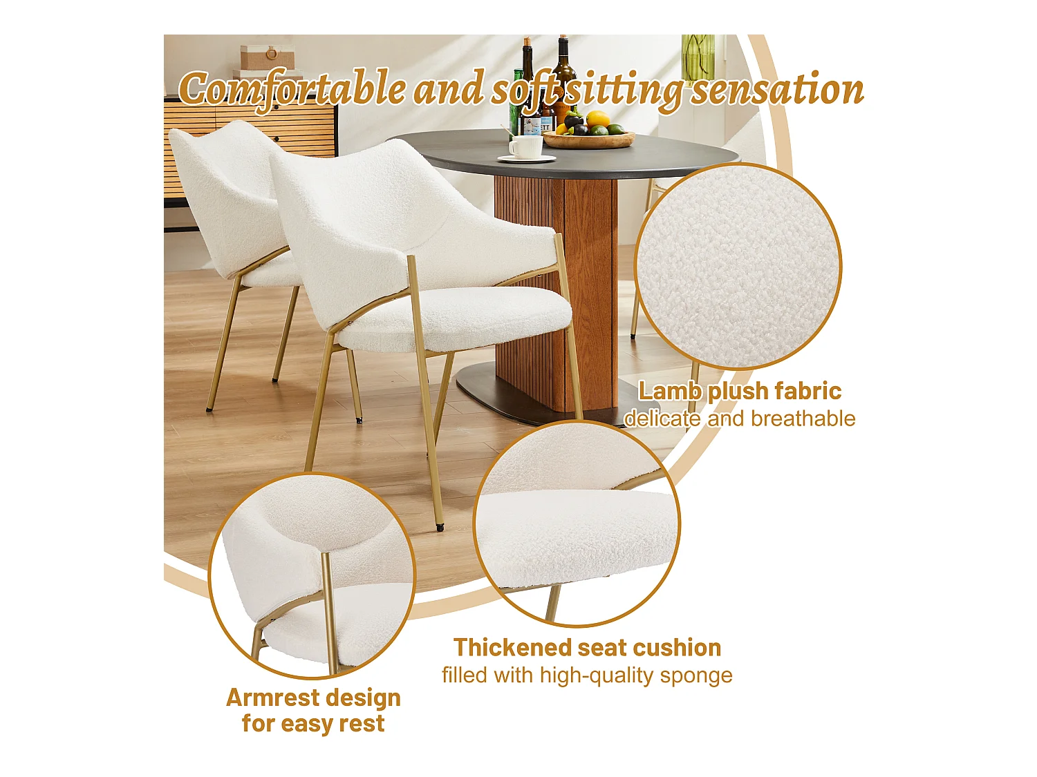 Lot de 6 chaises de salle à manger, fauteuil lounge avec accoudoirs, tissu en sherpa beige, coussin épais, pieds en métal (52.5x48x83.7 cm)