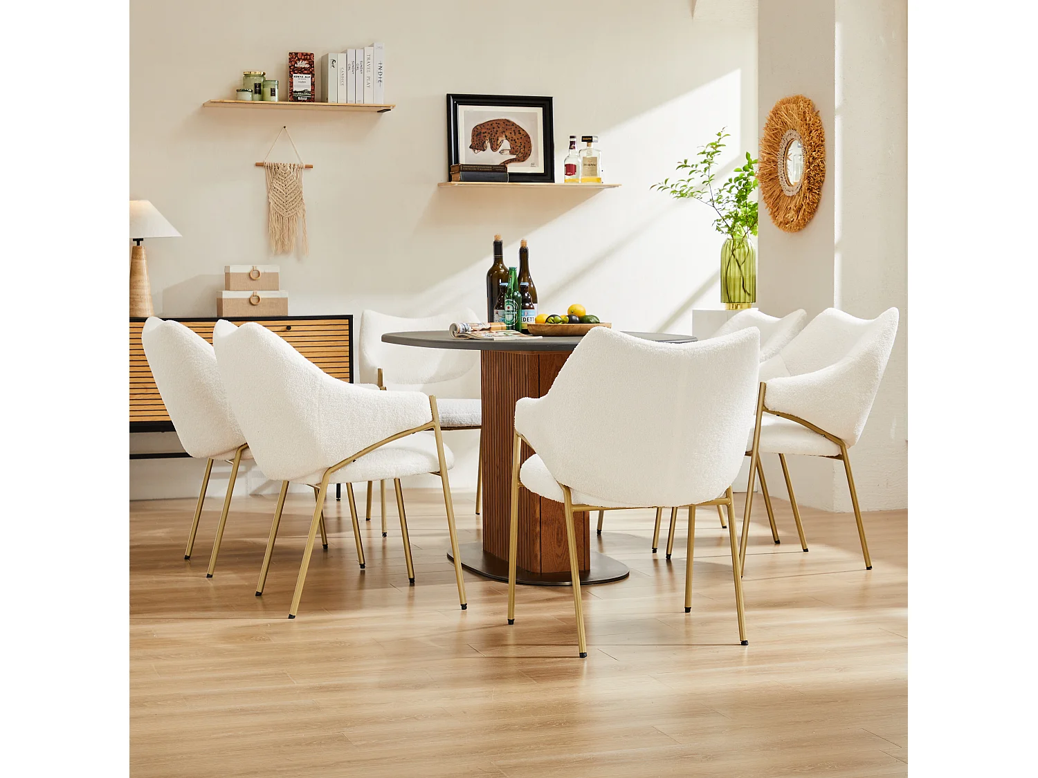 Lot de 6 chaises de salle à manger, fauteuil lounge avec accoudoirs, tissu en sherpa beige, coussin épais, pieds en métal (52.5x48x83.7 cm)