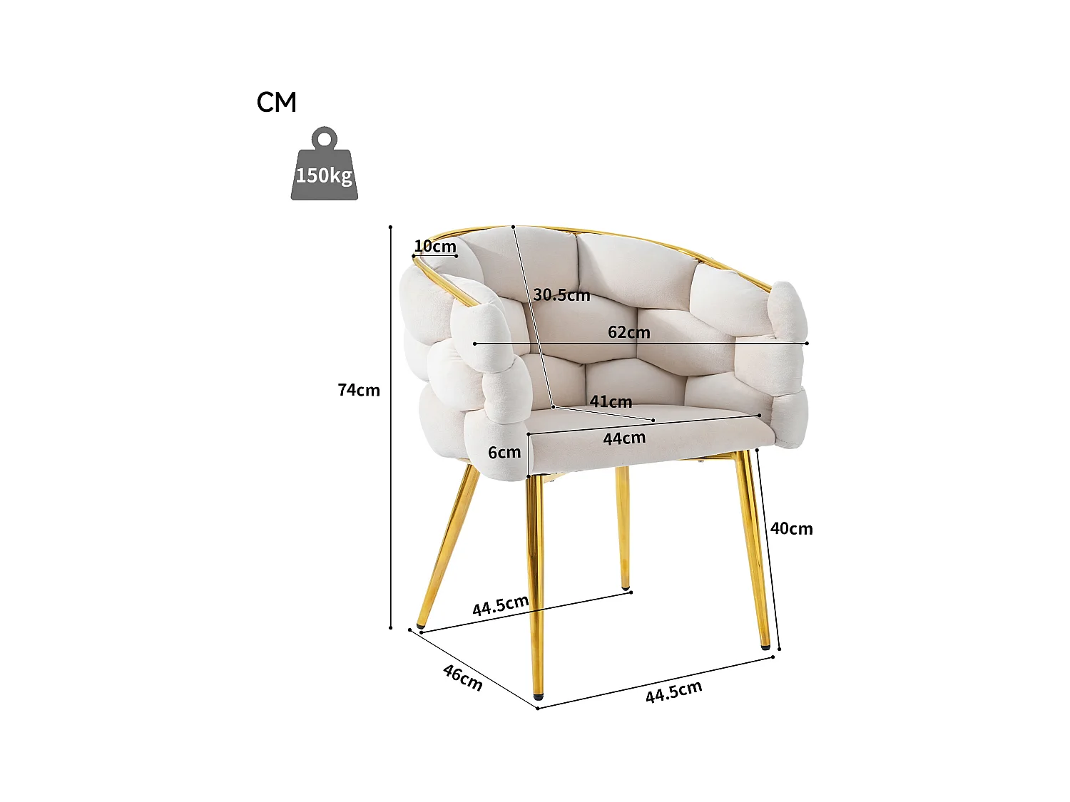 Chaises en velours luxueuses (4 pièces), chaises de salle à manger modernes, pieds en métal doré, beige (44x41x74 cm)