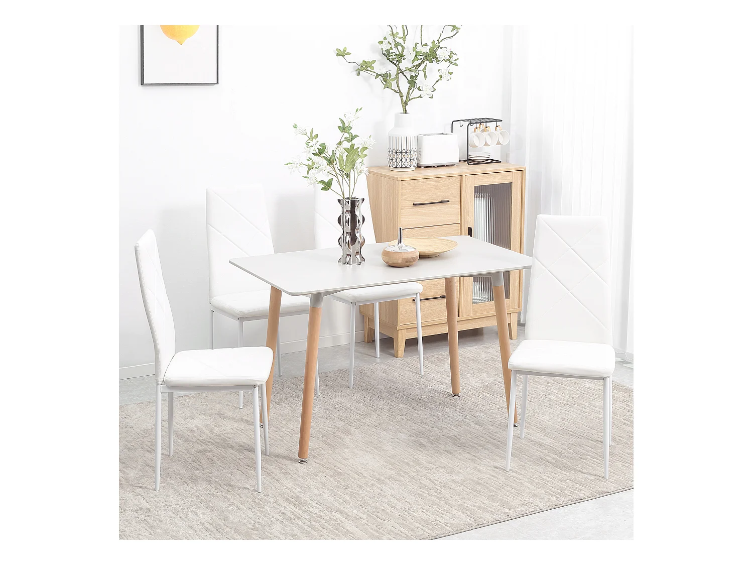 4 Chaises de salle à manger, avec dossier et pieds en métal, revêtement en simili cuir, blanc (50x41x97 cm)