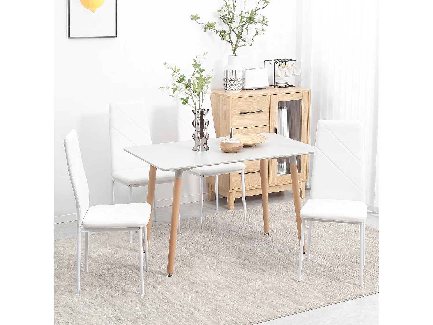 4 Chaises de salle à manger, avec dossier et pieds en métal, revêtement en simili cuir, blanc (50x41x97 cm)