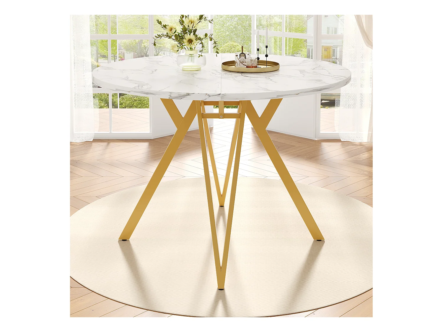 Luxe ronde tafel, gemarmerd MDF-blad, gouden metalen poten, voor eetkamer en woonkamer (100x100x76cm)