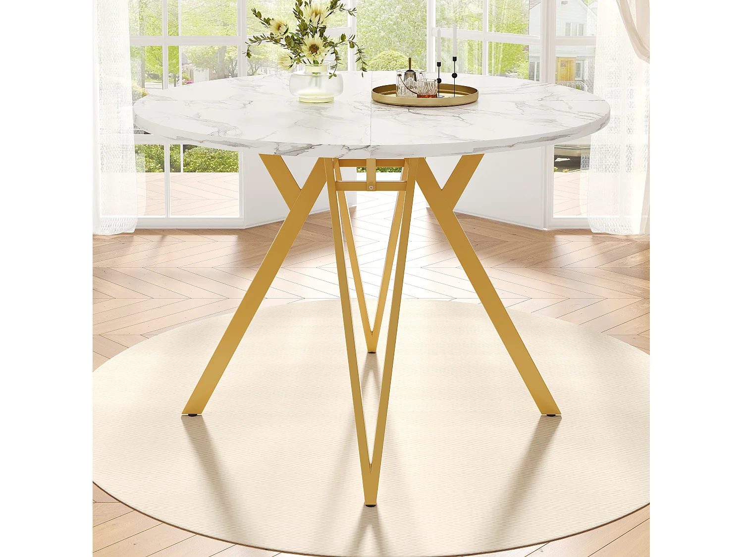 Table ronde luxe, plateau MDF marbré, pieds métal doré, pour salle à manger et salon (100x100x76cm)