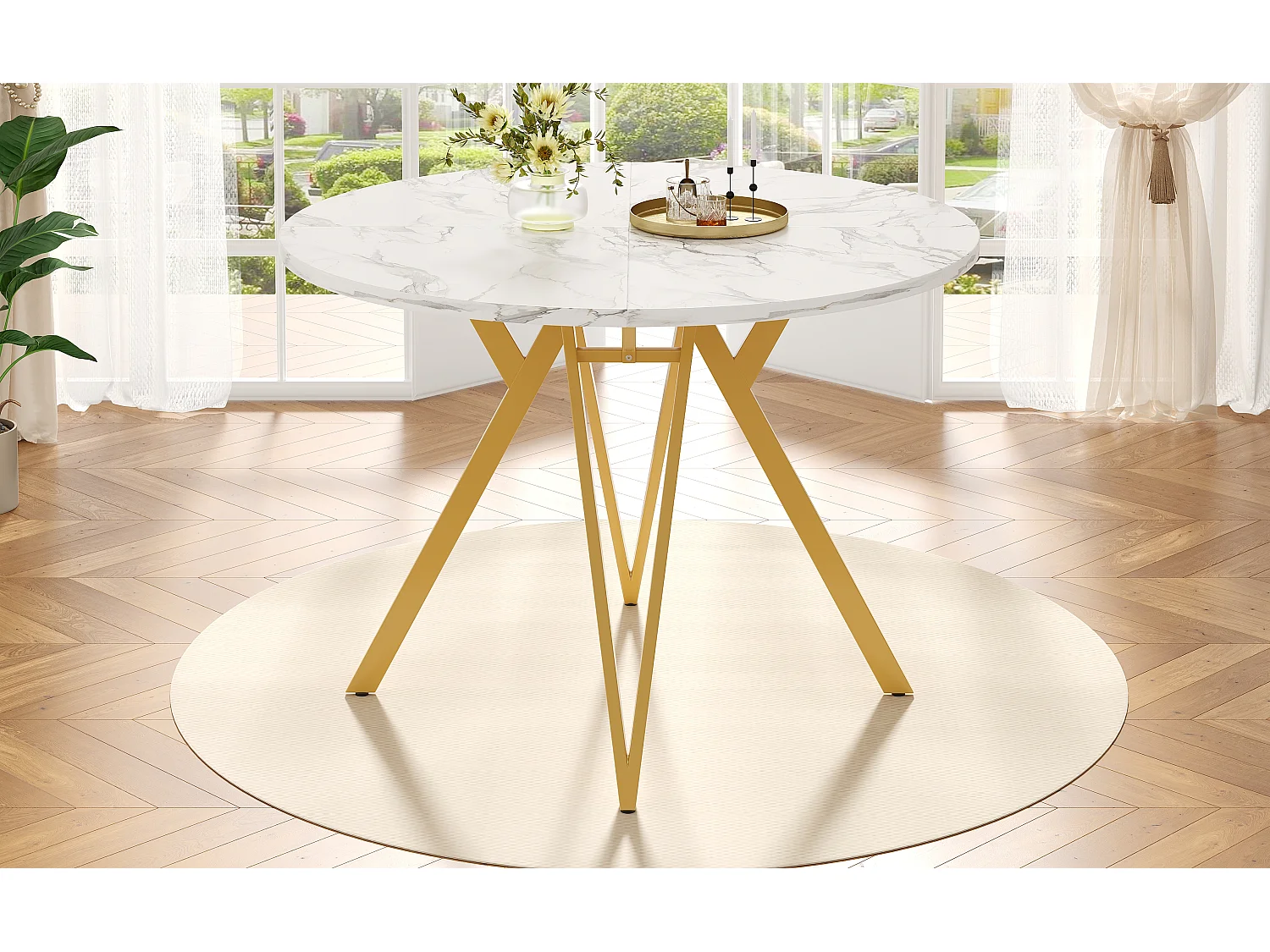 Table ronde luxe, plateau MDF marbré, pieds métal doré, pour salle à manger et salon (100x100x76cm)