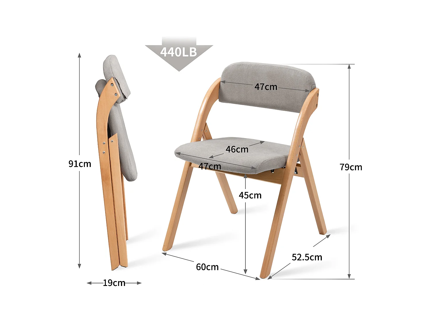 Chaises pliantes en bois avec coussin, chaises empilables en bois, Lot de 2, gris (79x54x60 cm)