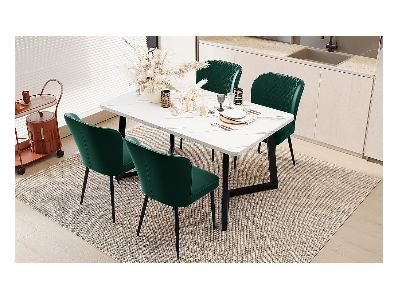 Chaise de salle à manger design, 4 chaises en velours vert avec dossier, assise en velours, pieds métalliques (47x43x86 cm)