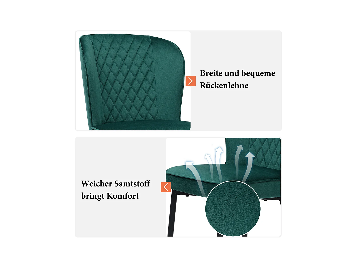 Chaise de salle à manger design, 4 chaises en velours vert avec dossier, assise en velours, pieds métalliques (47x43x86 cm)