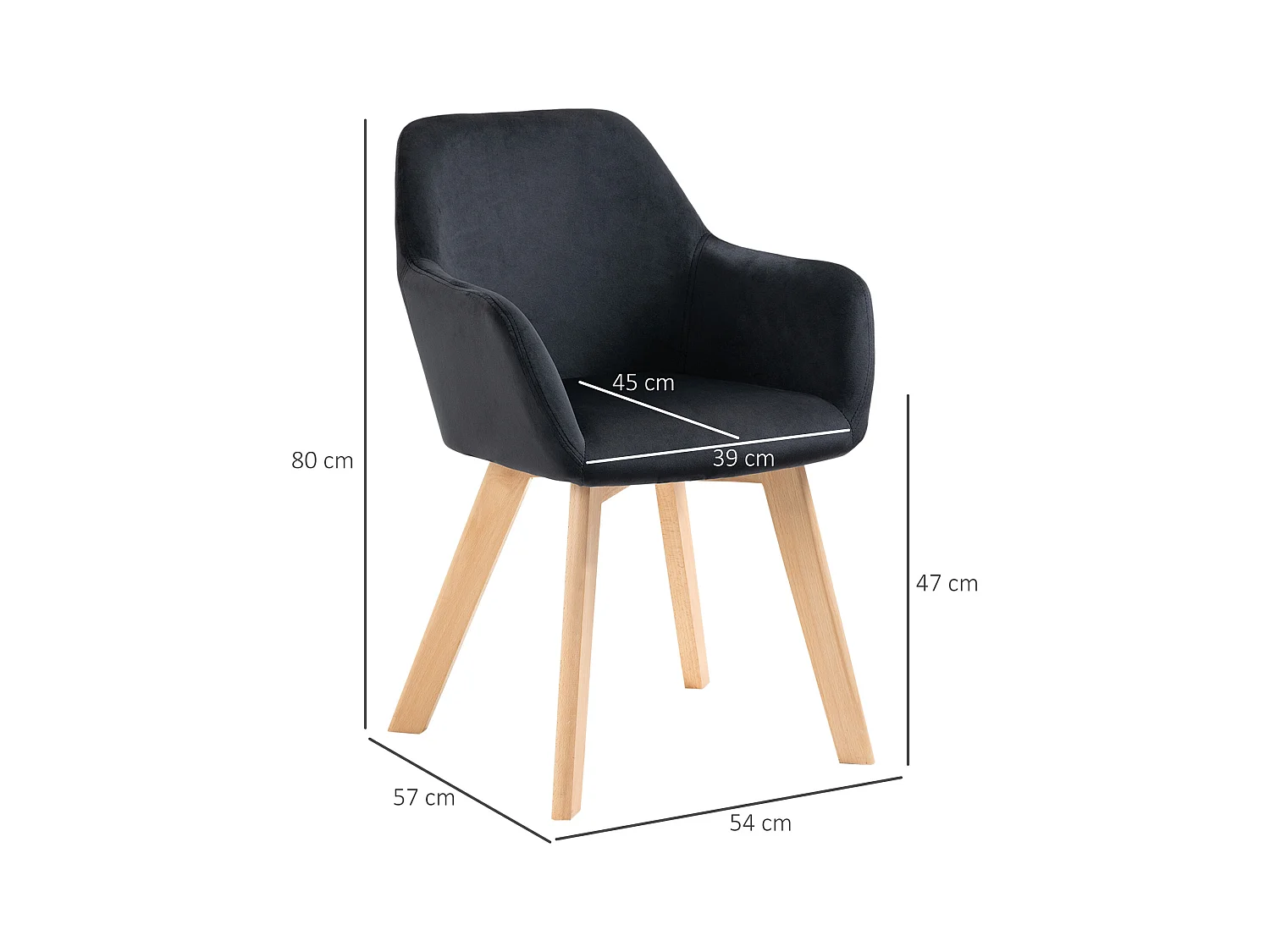 Lot de 2 chaises de cuisine ergonomiques, accoudoirs allongés et dossier rembourré, polyester et bois, noir (54x57x80cm)