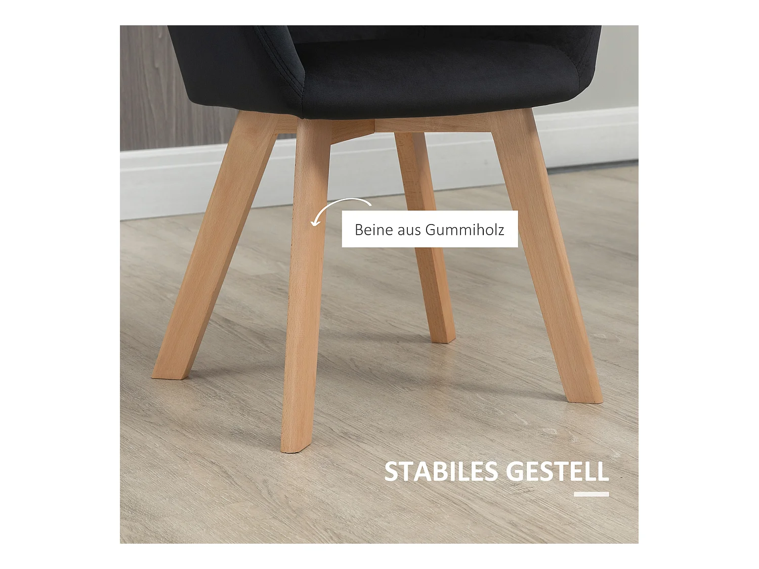 Lot de 2 chaises de cuisine ergonomiques, accoudoirs allongés et dossier rembourré, polyester et bois, noir (54x57x80cm)