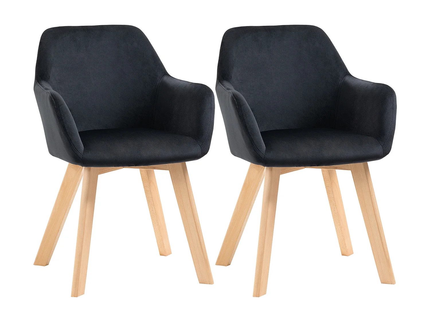 Lot de 2 chaises de cuisine ergonomiques, accoudoirs allongés et dossier rembourré, polyester et bois, noir (54x57x80cm)