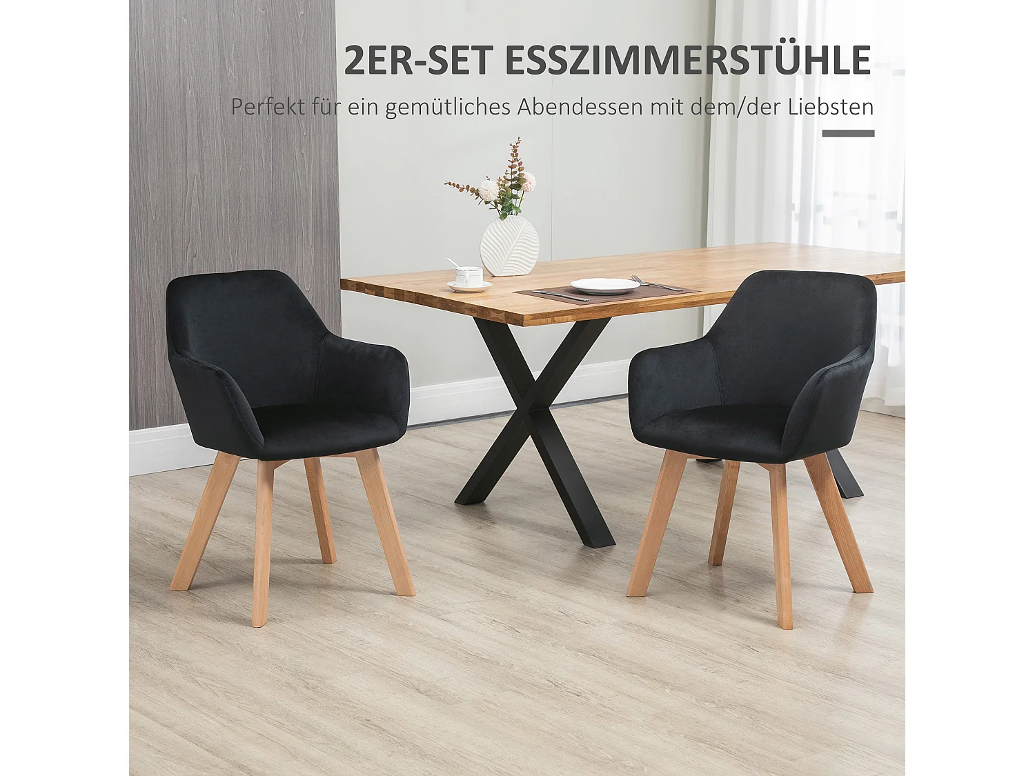 Lot de 2 chaises de cuisine ergonomiques, accoudoirs allongés et dossier rembourré, polyester et bois, noir (54x57x80cm)