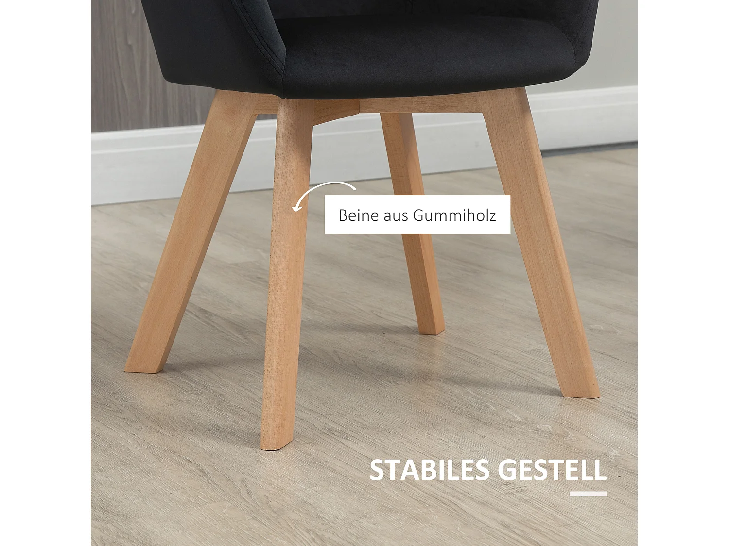 Lot de 2 chaises de cuisine ergonomiques, accoudoirs allongés et dossier rembourré, polyester et bois, noir (54x57x80cm)