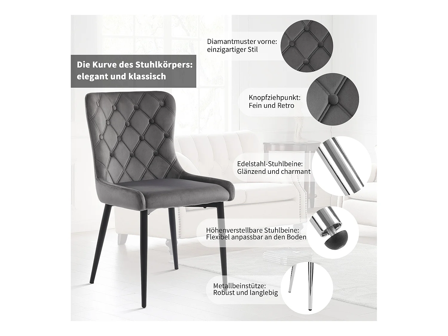 Lot de 6 chaises de salle à manger avec dossier, chaises de cuisine en velours, pieds métalliques noirs, gris foncé (50x45x86 cm)