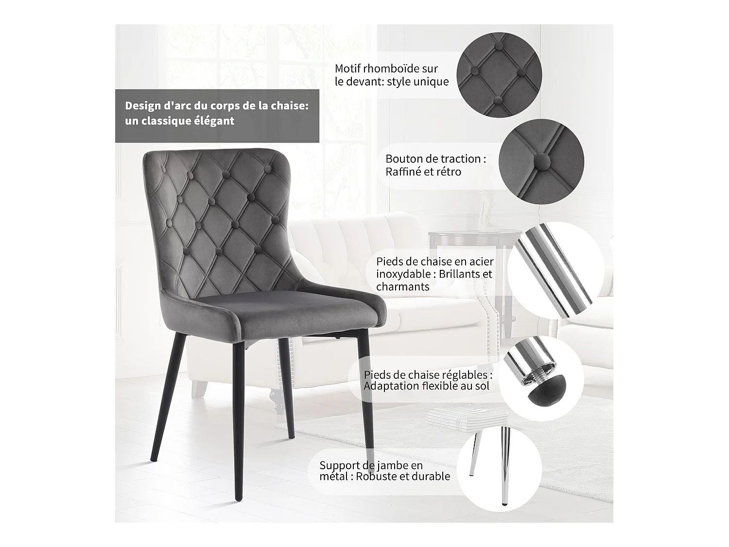 Lot de 6 chaises de salle à manger avec dossier, chaises de cuisine en velours, pieds métalliques noirs, gris foncé (50x45x86 cm)