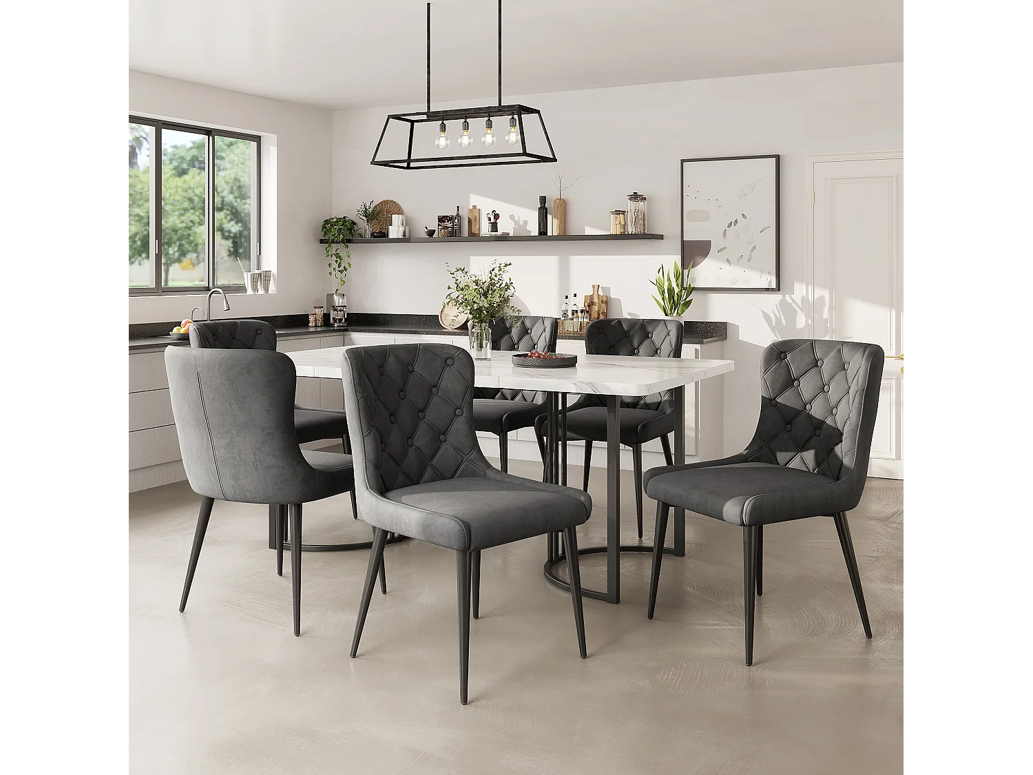 Lot de 6 chaises de salle à manger avec dossier, chaises de cuisine en velours, pieds métalliques noirs, gris foncé (50x45x86 cm)