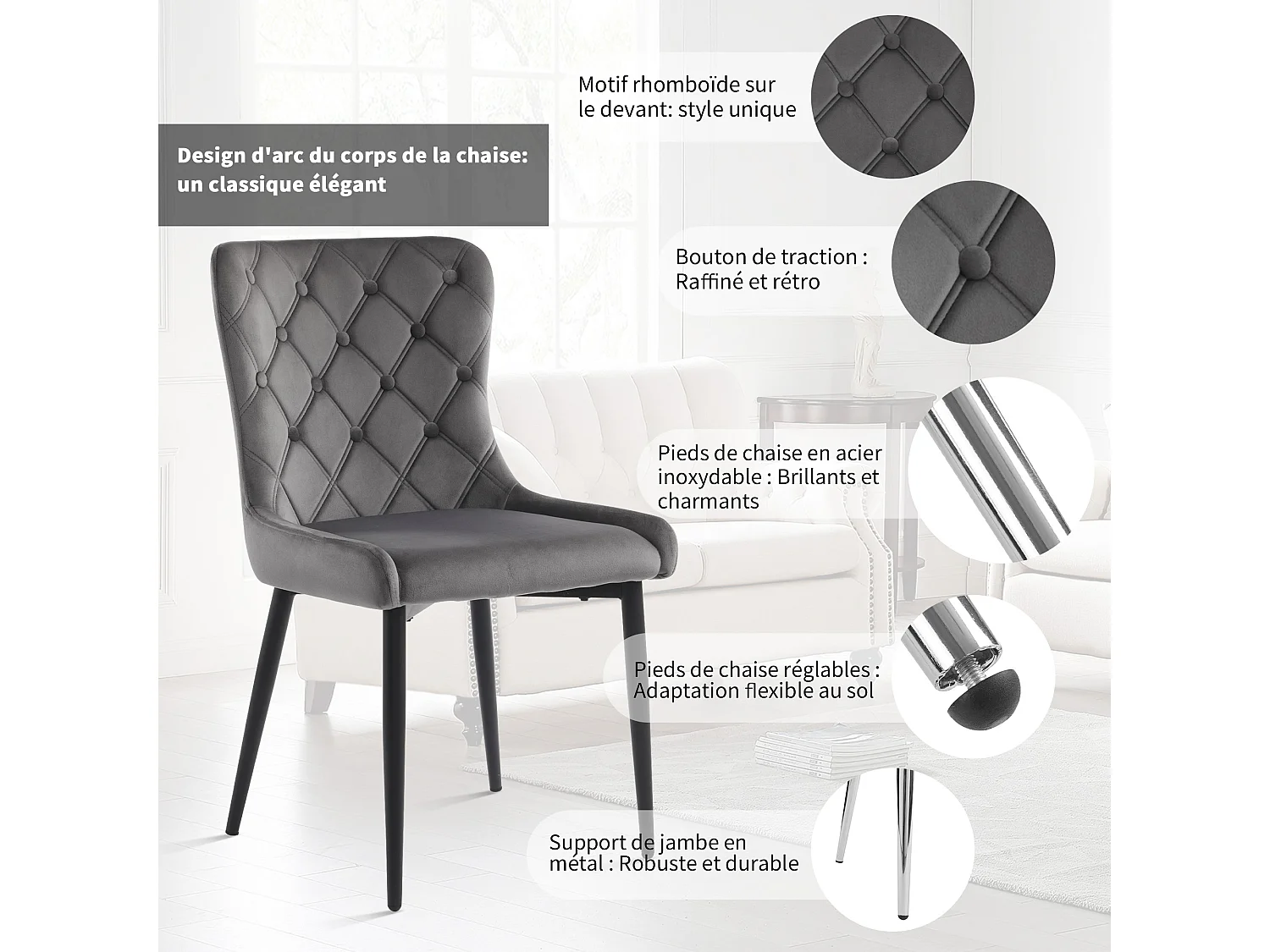 Lot de 6 chaises de salle à manger avec dossier, chaises de cuisine en velours, pieds métalliques noirs, gris foncé (50x45x86 cm)