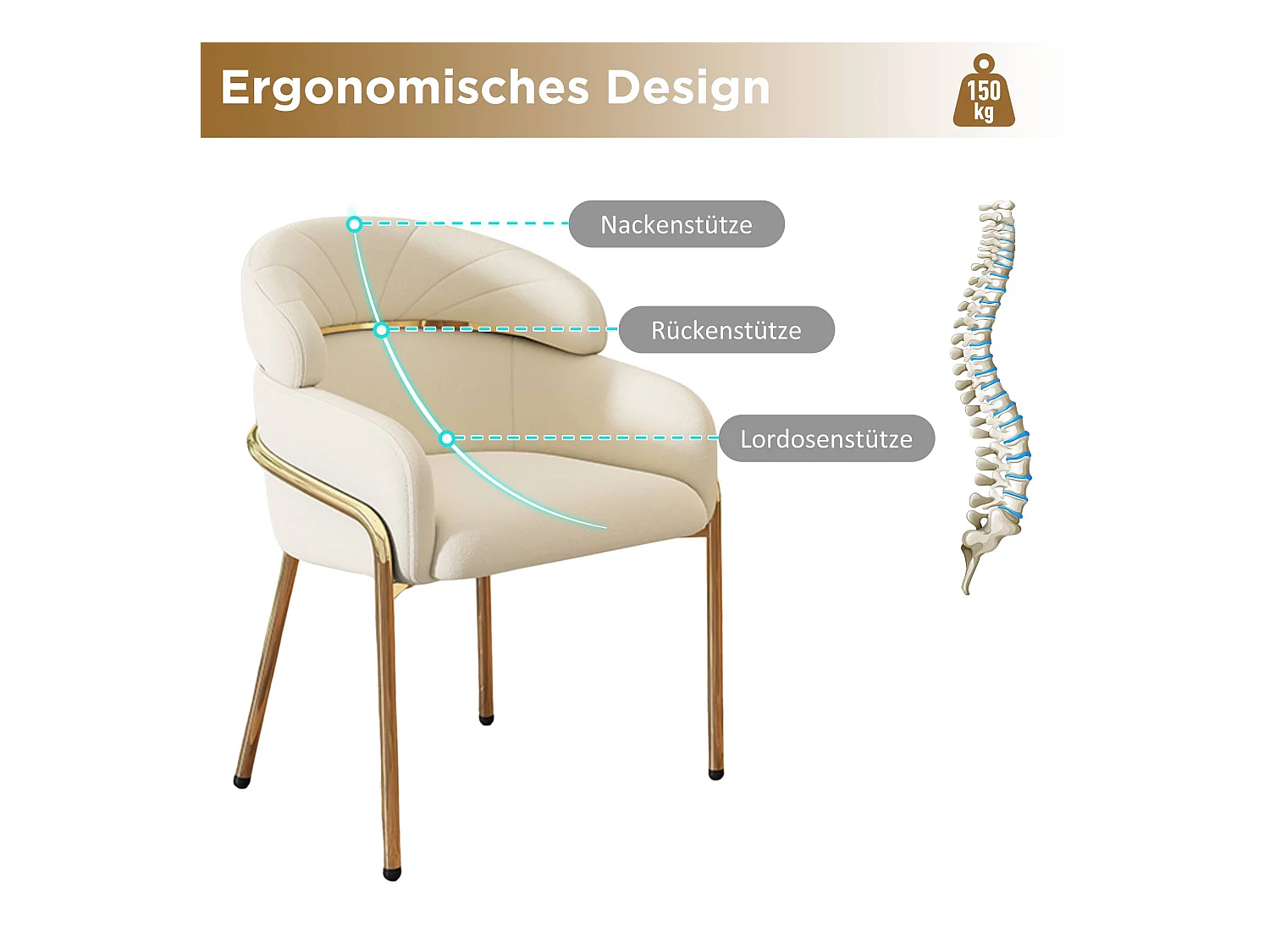 Chaise de salle à manger, individuelle, en velours, avec pieds métalliques, beige (59.69x59.69x55.88 cm)