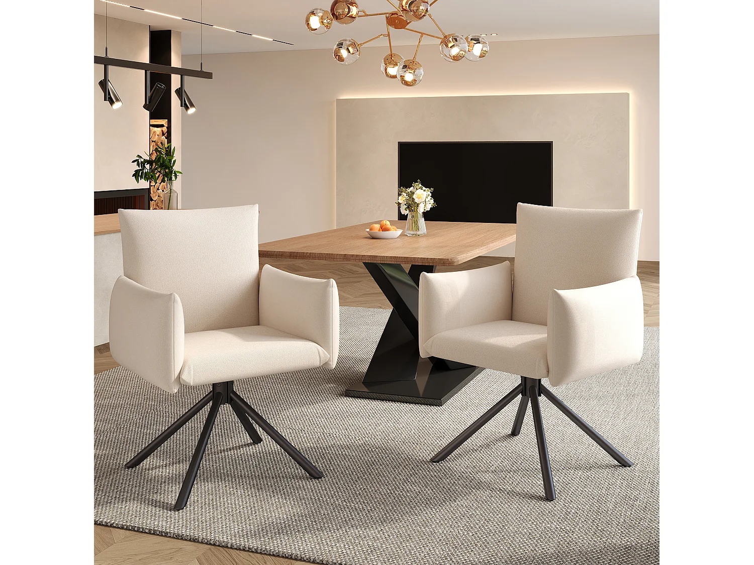 Set van 6 eetkamerstoelen, 360° draaibare fauteuils, gouden metalen poten, beige linnen stof (54x52x72 cm)