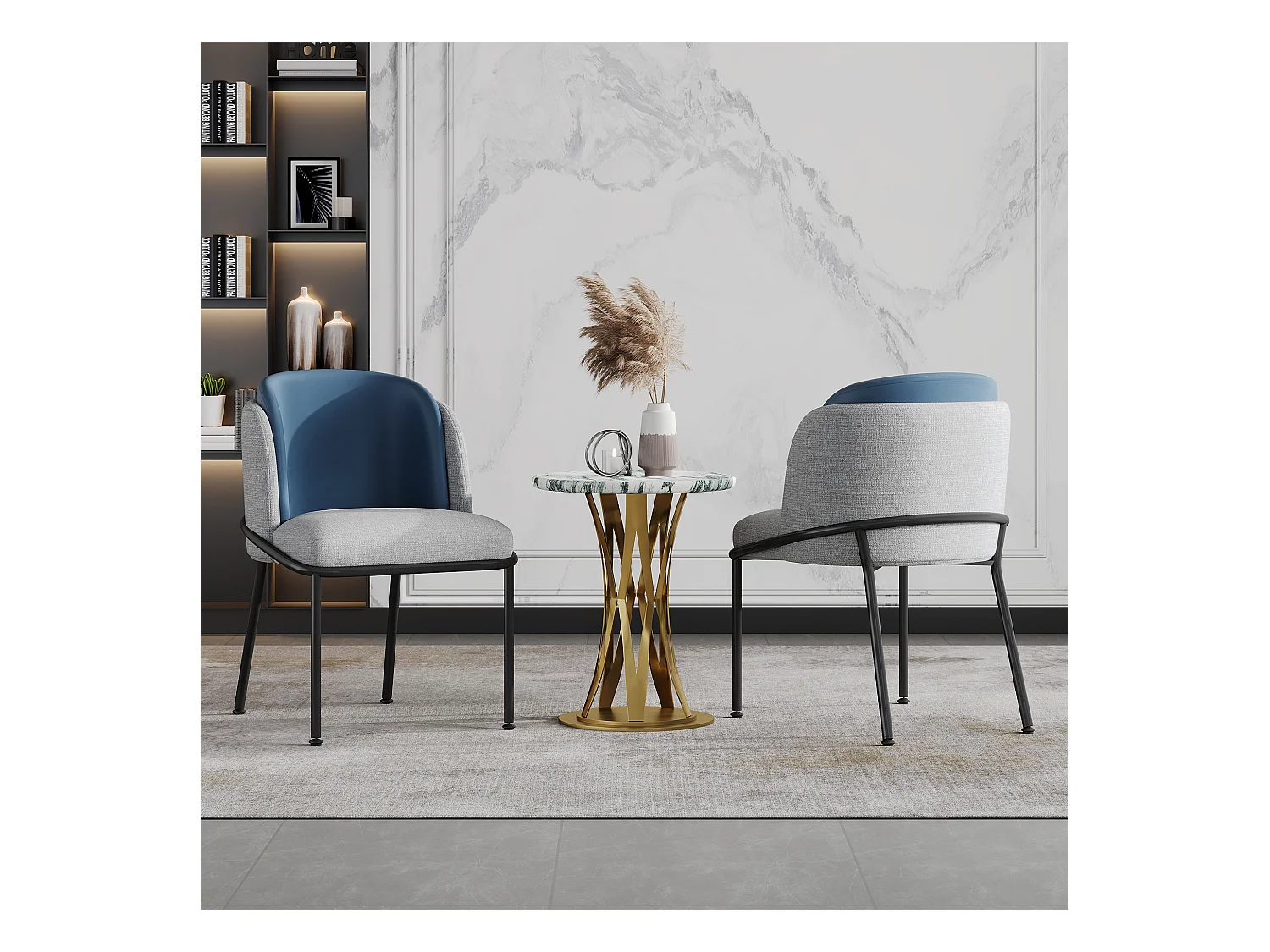 2 Chaises design contemporain à pieds inclinés, métal et bois, gris et marine (55x55x85cm)