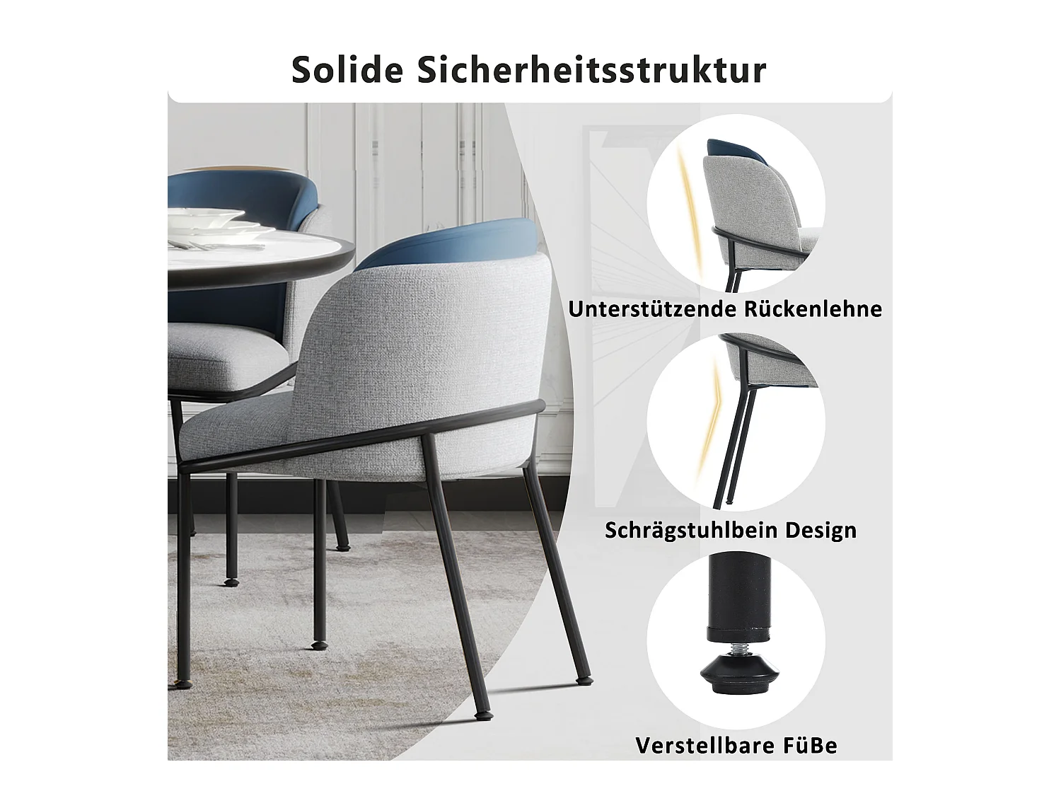 moderne designstoelen met schuine poten, metaal en hout, grijs en marineblauw (55x55x85cm)