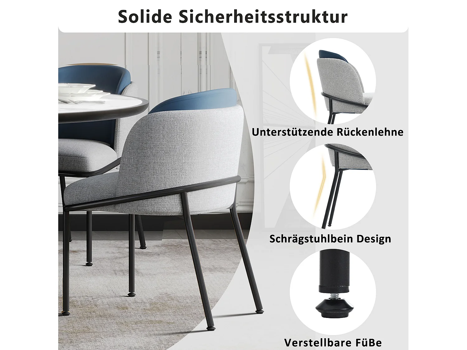 sedie di design contemporaneo con gambe inclinate, metallo e legno, grigio e blu navy (55x55x85cm)