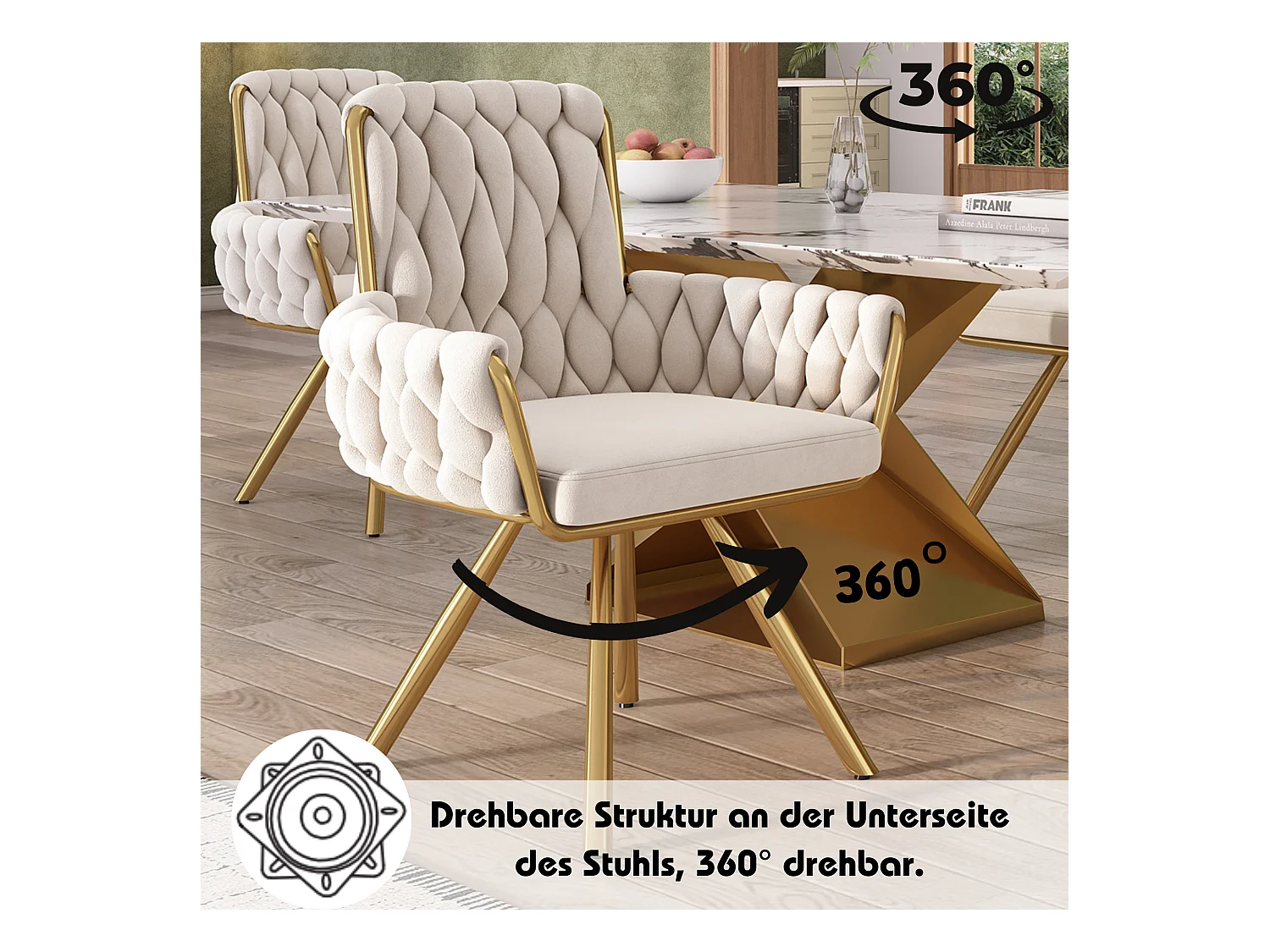 Set di 4 sedie da pranzo, motivo a rombi, poltrona girevole, gambe in metallo, beige (L64,77 x P63,5 x A50,8 cm)