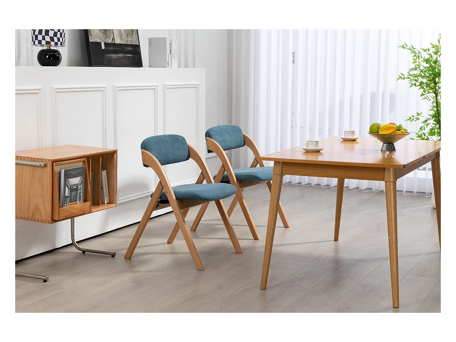 Sillas plegables con cojín, sillas apilables de madera, juego de 2, color azul (79 x 54 x 77 cm)