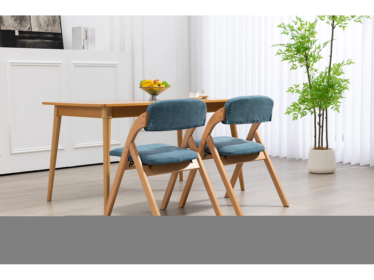 Chaises pliantes avec coussin, chaises empilables en bois, Lot de 2, bleu (79x54x77 cm)