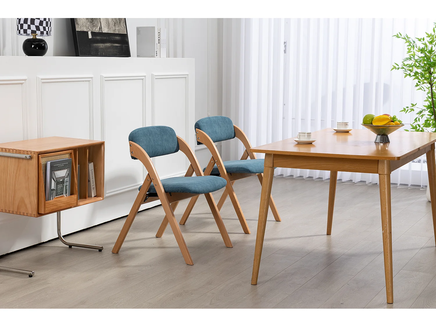 Chaises pliantes avec coussin, chaises empilables en bois, Lot de 2, bleu (79x54x77 cm)