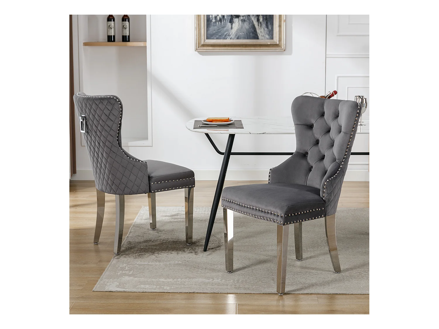 Chaises de salle à manger, Lot de 2, cloche décorative, clous décoratifs, pieds en métal, velours gris (53x62.5x94.5 cm)