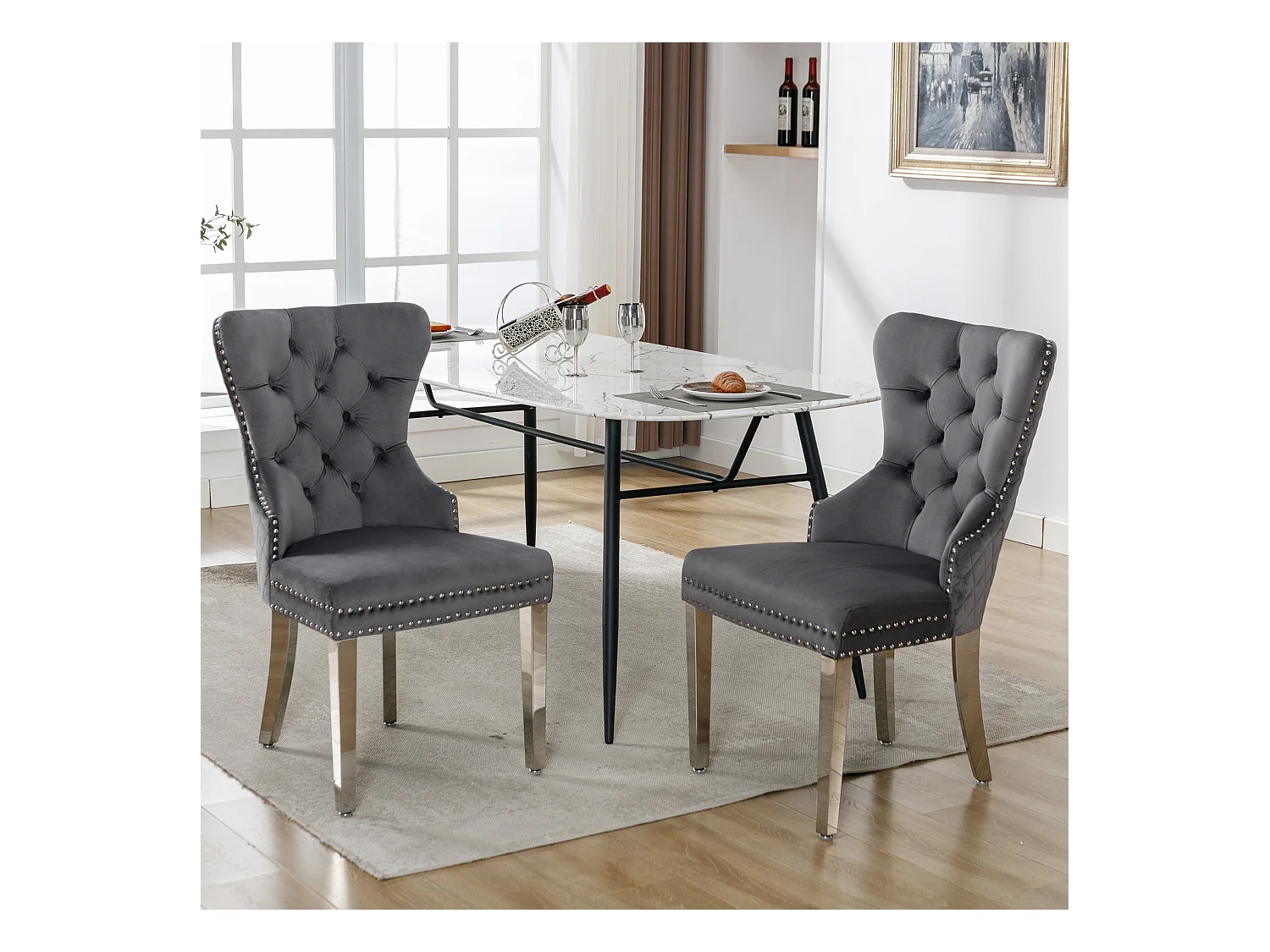 Chaises de salle à manger, Lot de 2, cloche décorative, clous décoratifs, pieds en métal, velours gris (53x62.5x94.5 cm)