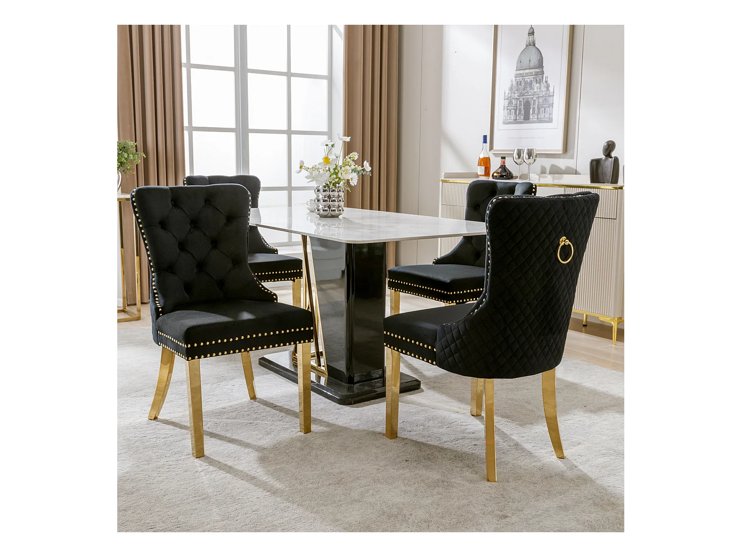 Chaise de salle à manger en velours, clous décoratifs, pieds en acier inoxydable doré, Noir/Or (50.5x45x95 cm)