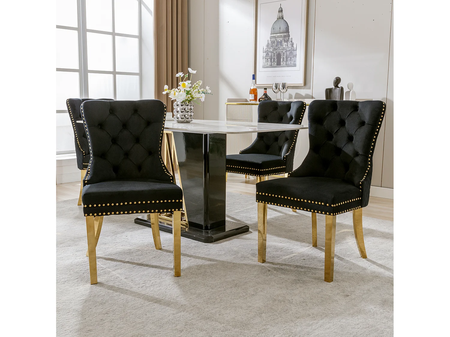 Chaise de salle à manger en velours, clous décoratifs, pieds en acier inoxydable doré, Noir/Or (50.5x45x95 cm)