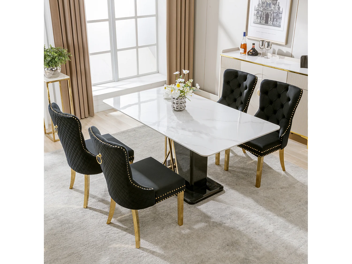 Chaise de salle à manger en velours, clous décoratifs, pieds en acier inoxydable doré, Noir/Or (50.5x45x95 cm)