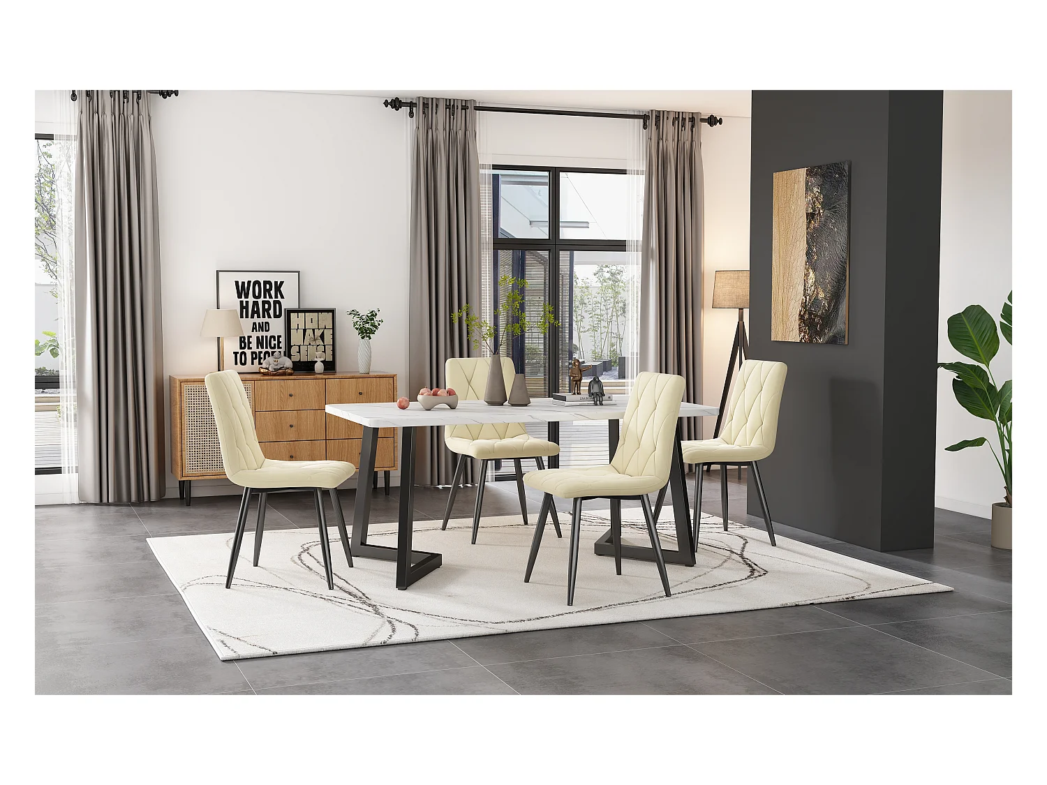 Sedia da pranzo (set da 4), sedia imbottita in velluto beige, struttura in metallo, gambe in metallo (44x40x86 cm)