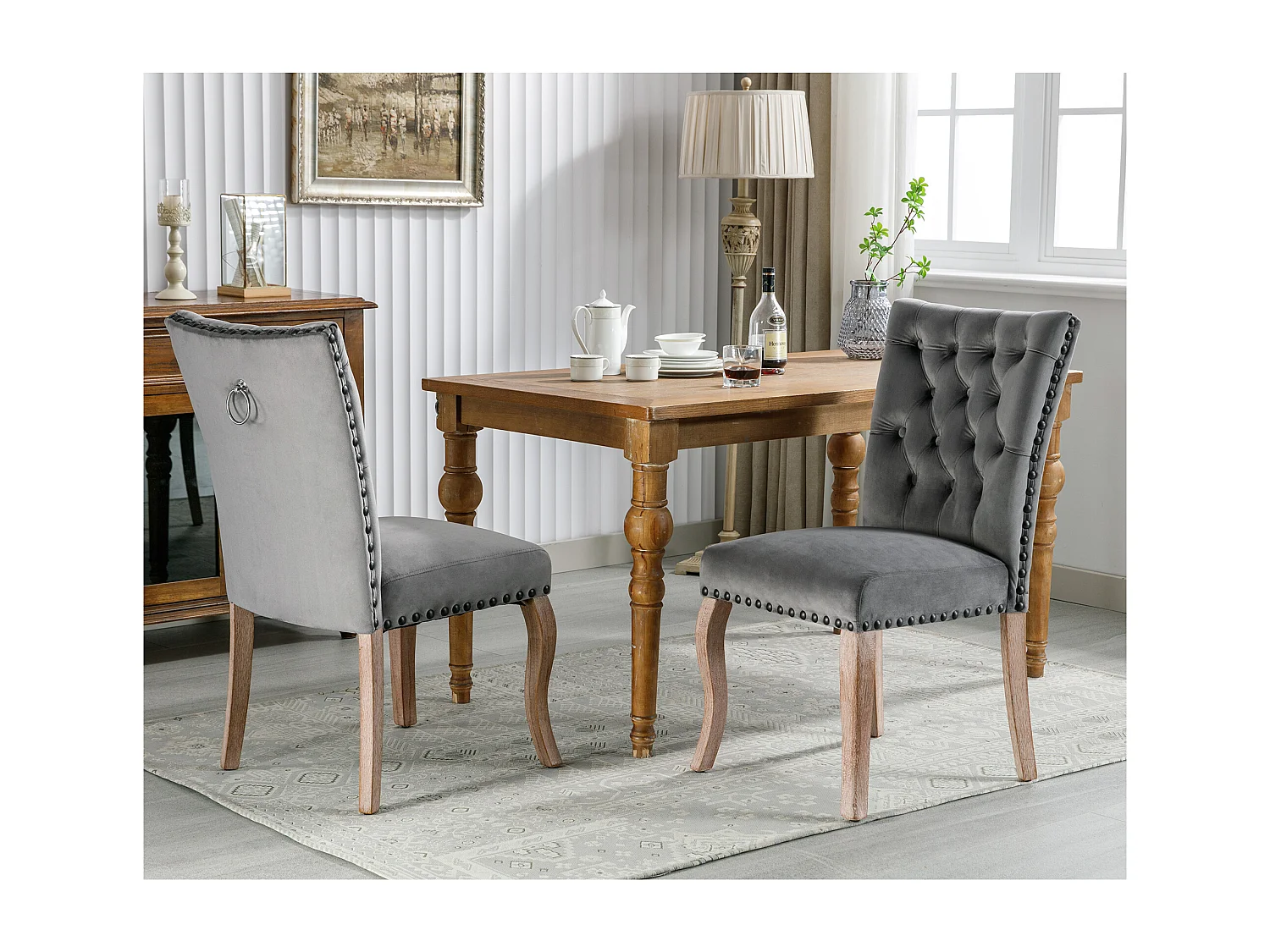 Chaise de salle à manger avec dossier décoré, en velours gris, pieds en bois massif, avec clous décoratifs, lot de 2 (49x63x95 cm)
