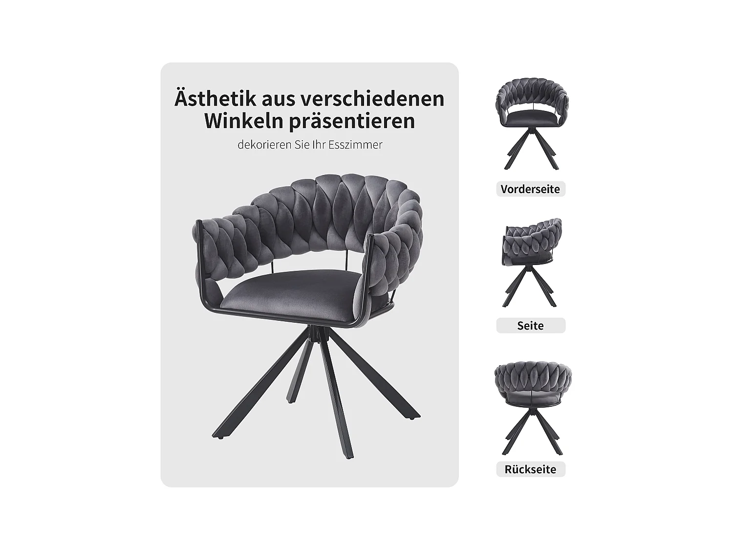 Chaise de salle à manger en velours, design ergonomique avec pieds métalliques réglables, gris (64x54x77cm)