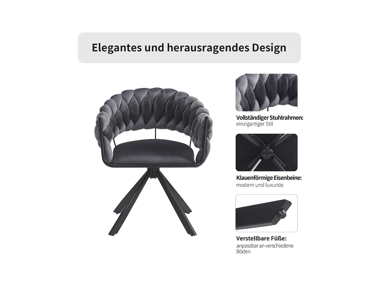 Chaise de salle à manger en velours, design ergonomique avec pieds métalliques réglables, gris (64x54x77cm)