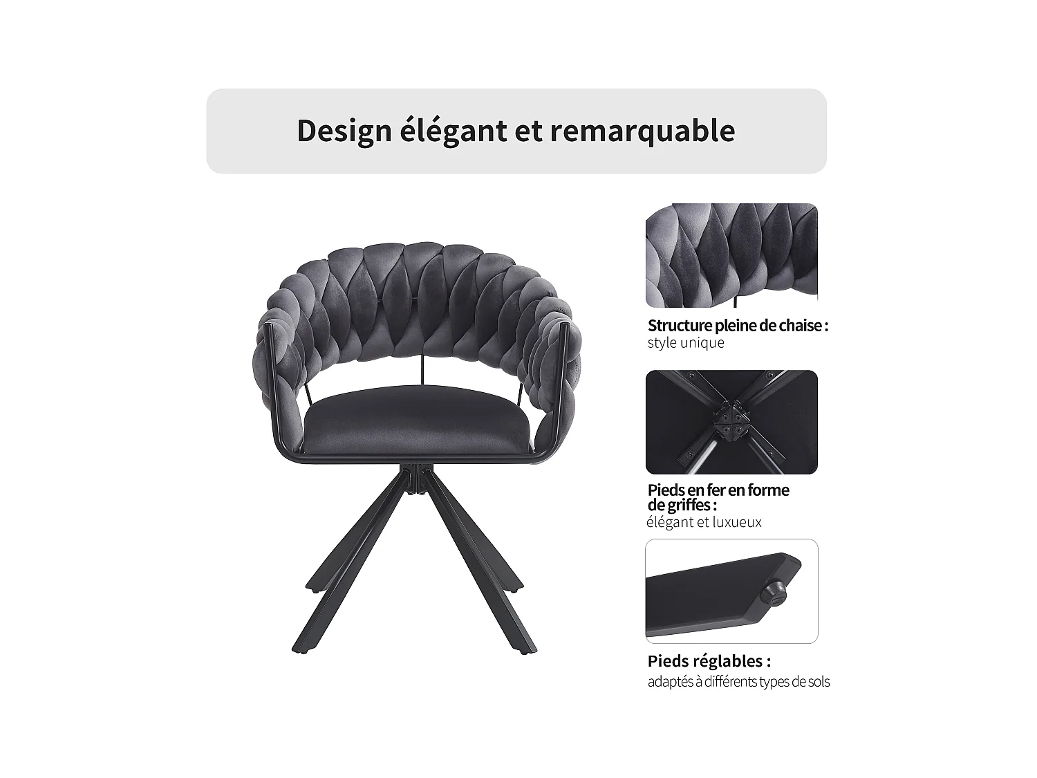 Chaise de salle à manger en velours, design ergonomique avec pieds métalliques réglables, gris (64x54x77cm)