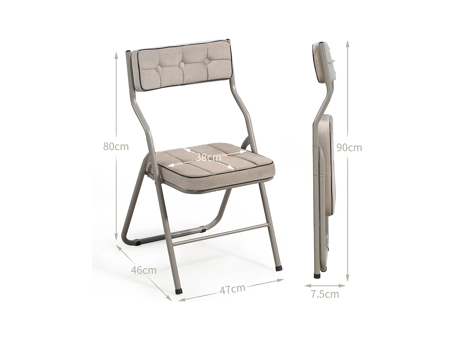 2-delige klapstoelen met kussen, klapstoelen, staal, khaki (46x47x80 cm)