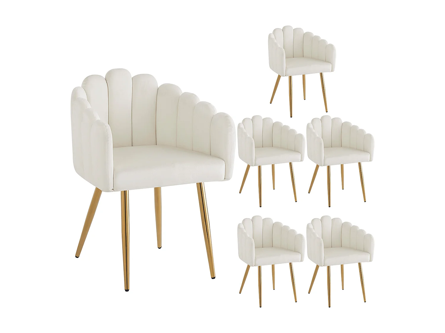 Hoogwaardige fluwelen eetkamerstoelen (6 stuks), waaiervormige rugleuning, gouden metalen poten, verstelbare hoogte (48x44,5x82 cm)