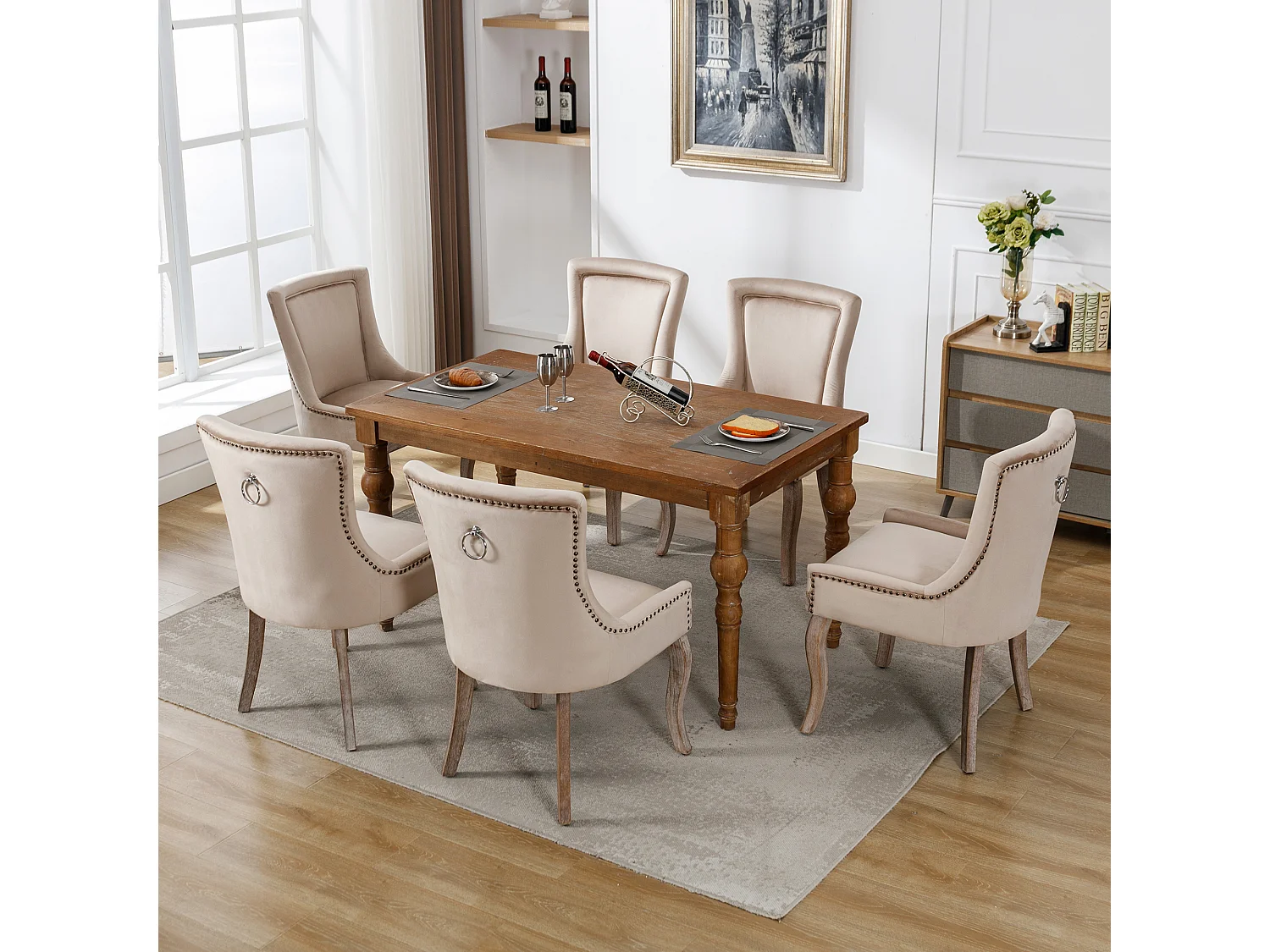 Silla de comedor de terciopelo beige con patas de madera maciza, diseño elegante con clavos decorativos (55x61x91 cm)