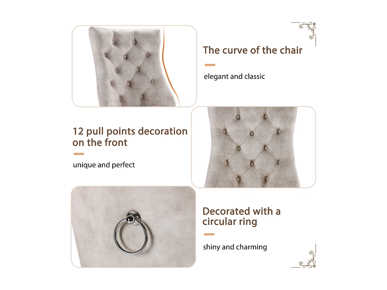 Sedia da pranzo, schienale alto in velluto beige, con lavorazione capitonné, gambe in legno massello, set da 4 (45x40x86 cm)