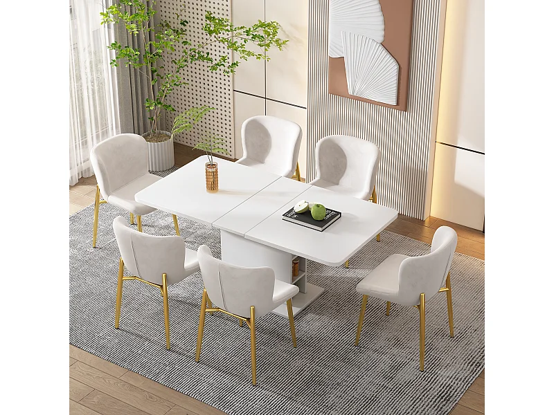 Lot de 6 Chaise de salle à manger en velours, pieds métalliques, beige