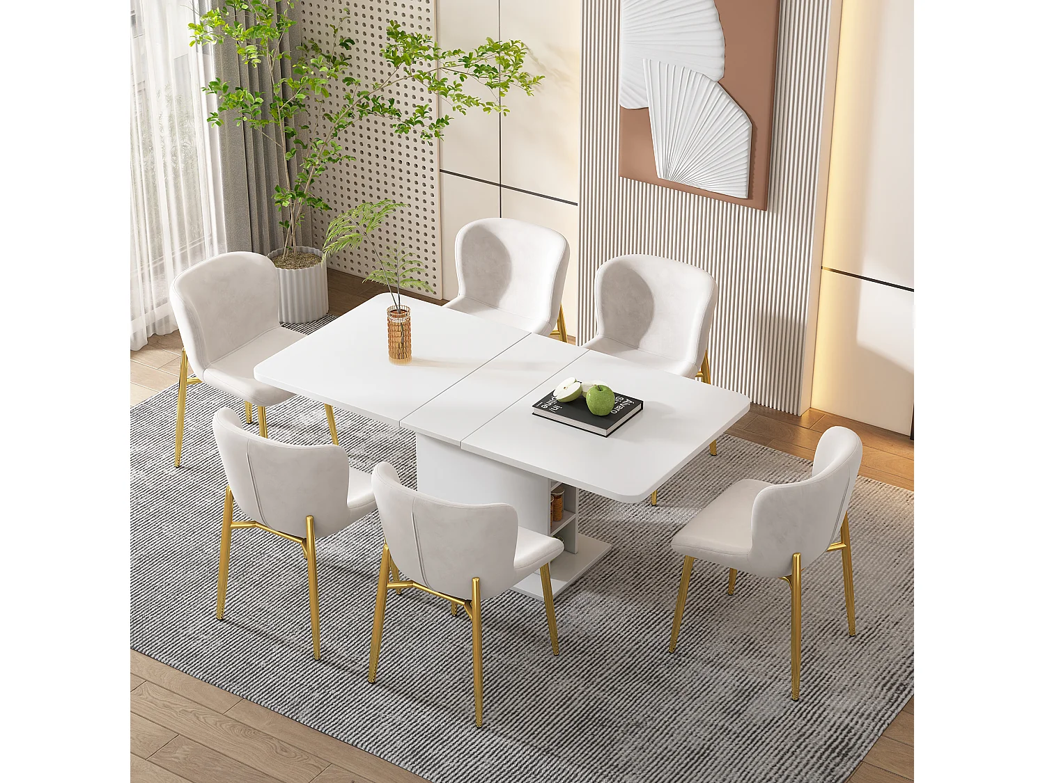 Lot de 6 Chaise de salle à manger en velours, pieds métalliques, beige